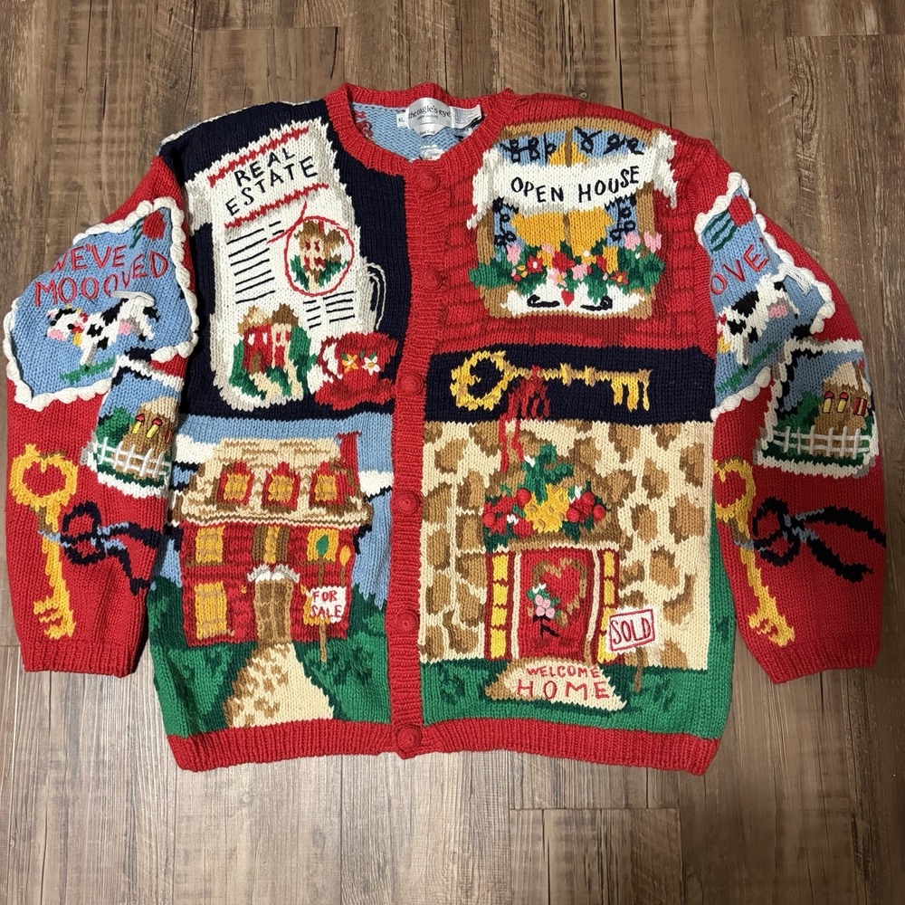 VTG The Eagle's Eye Hand Knit 90s Sweater Cardigan XL PatchWork Real Estate Xmas